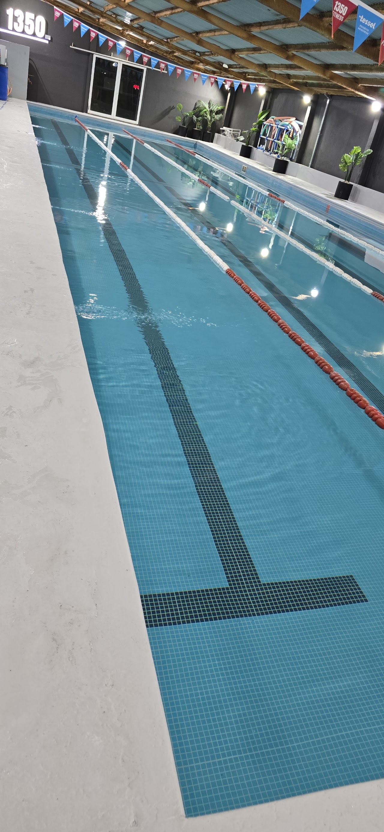 Swimmer doing freestyle stroke in clear turquoise water of an indoor lap pool, dynamic water splash, athletic and energetic sports club photography.